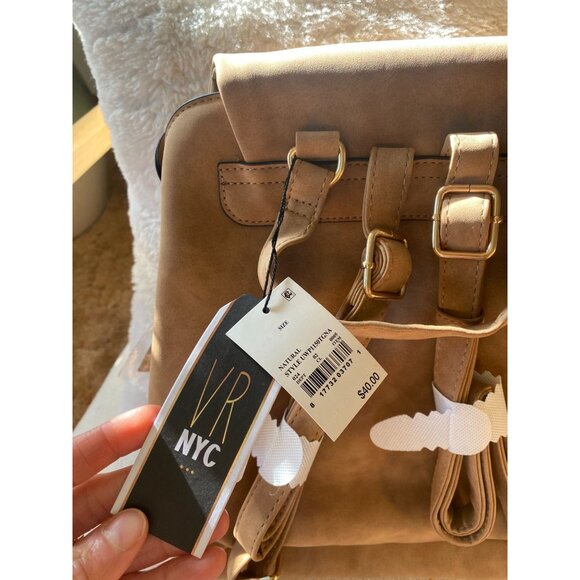 NWT VR NYC Tan Faux Leather Convertible Backpack/Shoulder Bag With Gold Accents - Picture 3 of 13